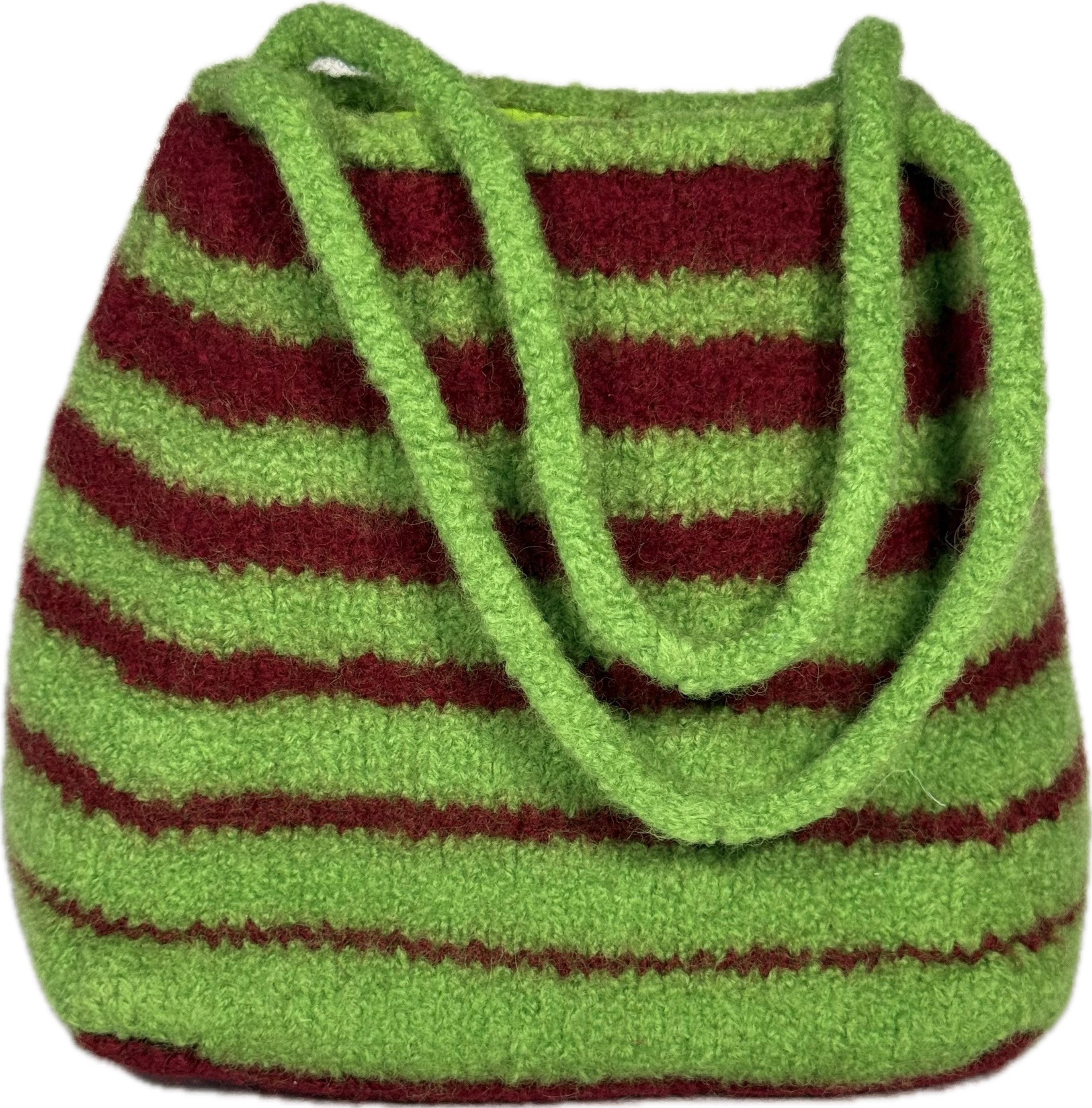 Lime green and burgundy striped felted purse
